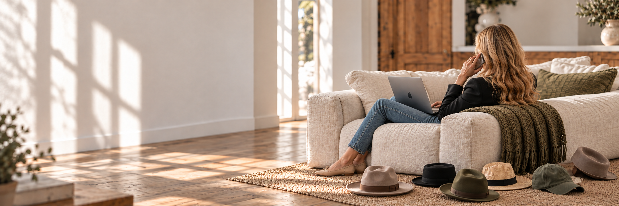 Hats scattered beside a cream sofa